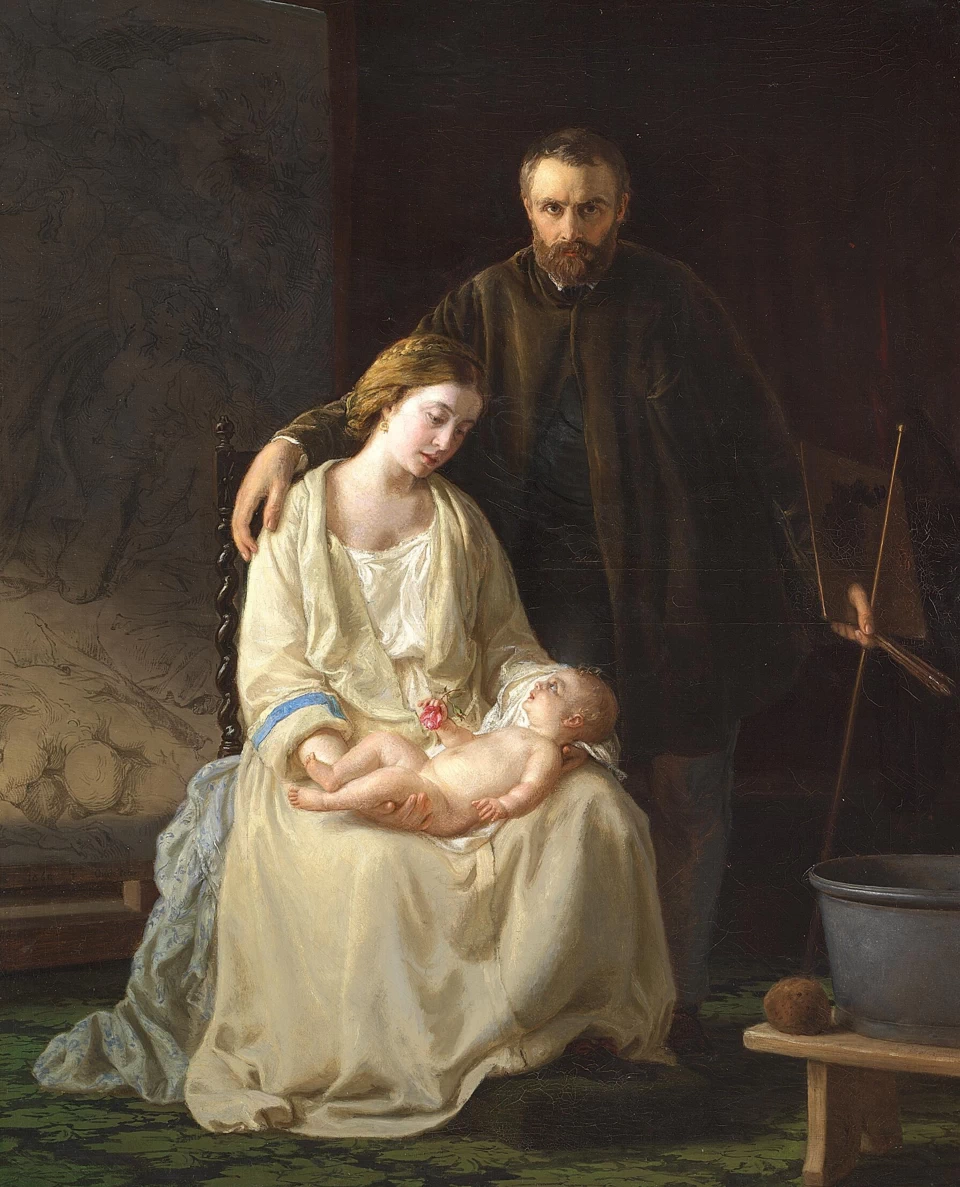 Ritratto di gruppo del pittore, della moglie e della figlia neonata nello studio - 1860